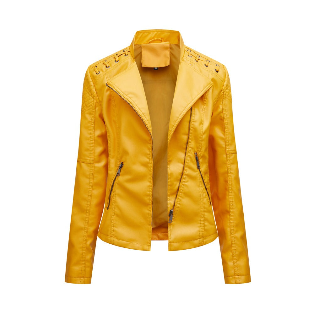 Women's Faux Leather Motorcycle Jacket Slim Fit Short Style Casual Lightweight Coat