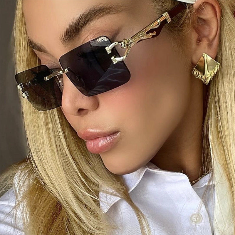 Women's Wooden Frameless Square UV400 Sunglasses Slim Leopard Print Protection