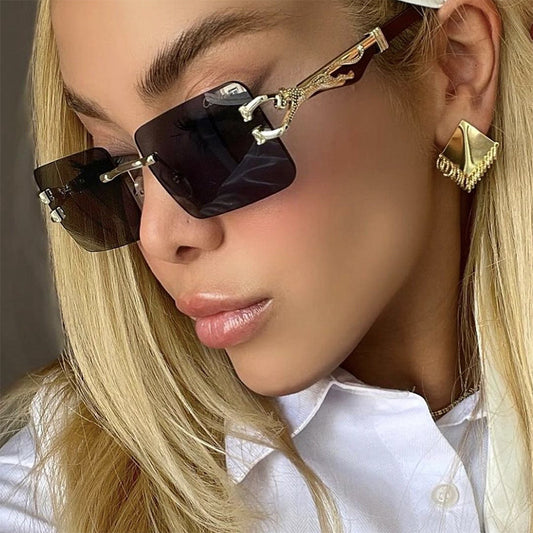 Women's Wooden Frameless Square UV400 Sunglasses Slim Leopard Print Protection