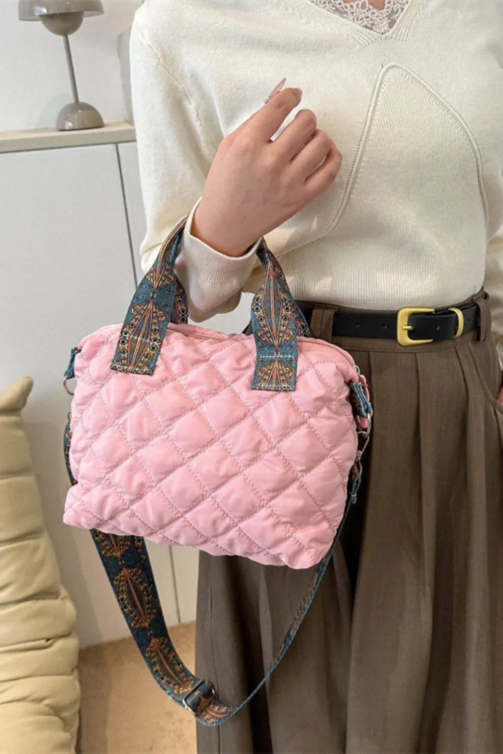 Bubble Quilted Handbag Printed Strap Oxford Cloth Casual Shoulder Bag 34.5cm