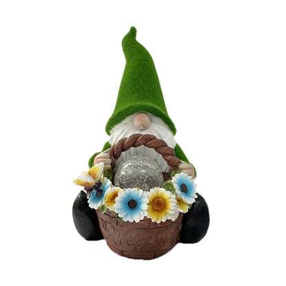 Resin Solar Powered Gnome with Flower Basket and Glass Orb Garden Illumination