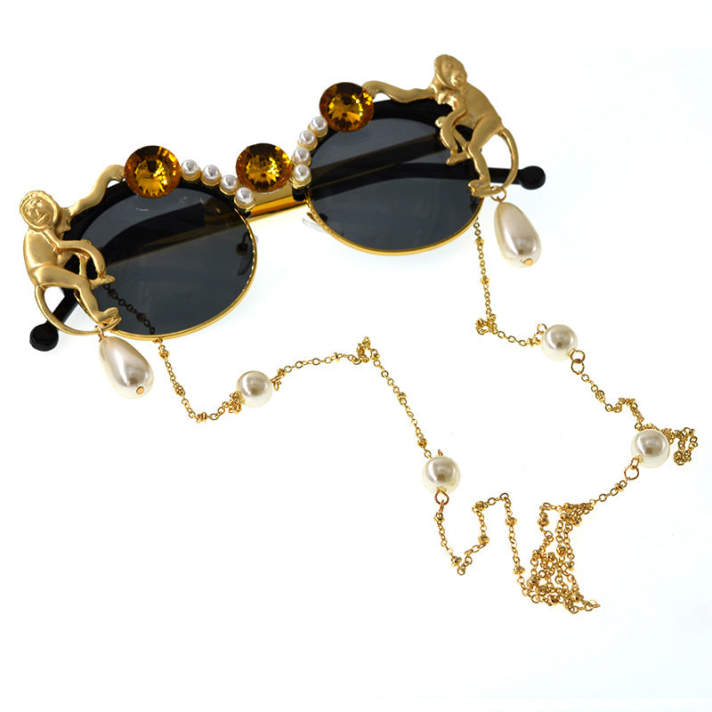 Women's Stylish Carved Monkey Pearl Crystal Sunglasses European Fashion Eyewear