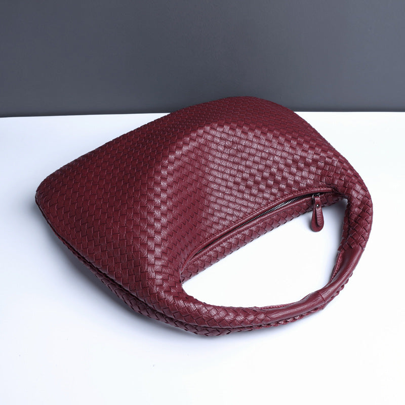 Large Women's Crescent Woven Handbag Zip Closure Daily Use Bag