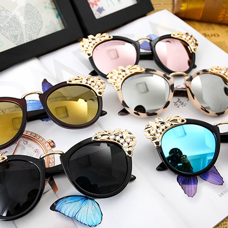 Rhinestone Cat Eye Sunglasses UV400 Mirror Lens Sun Protection Stylish Ladies