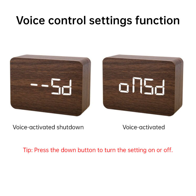 Voice-Controlled Wooden LED Desk Clock USB Battery Date Temperature Features