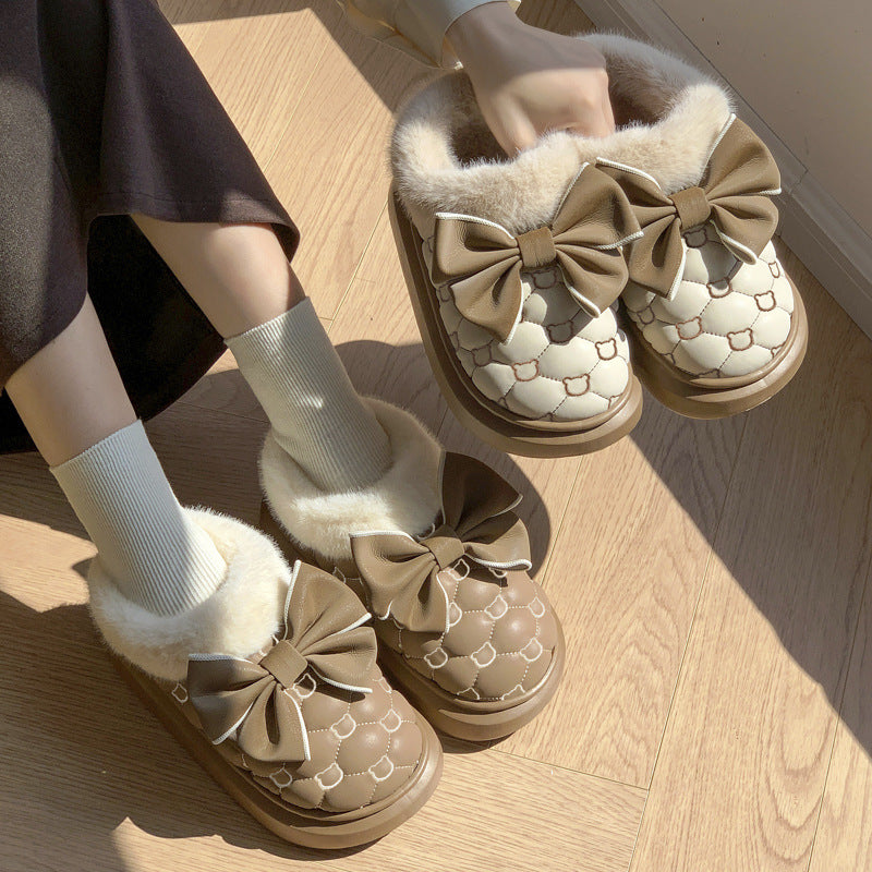 Cute Bow Tie Knot Slippers Warm Cotton Anti-Slip Indoor Shoes Cozy Winter