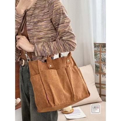 Womens Autumn Winter Corduroy Shoulder Tote Multi-Pocket Durable Spacious Bag
