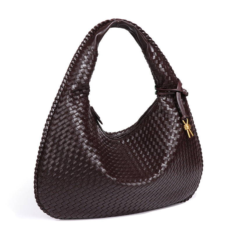 Large Women's Crescent Woven Handbag Zip Closure Daily Use Bag