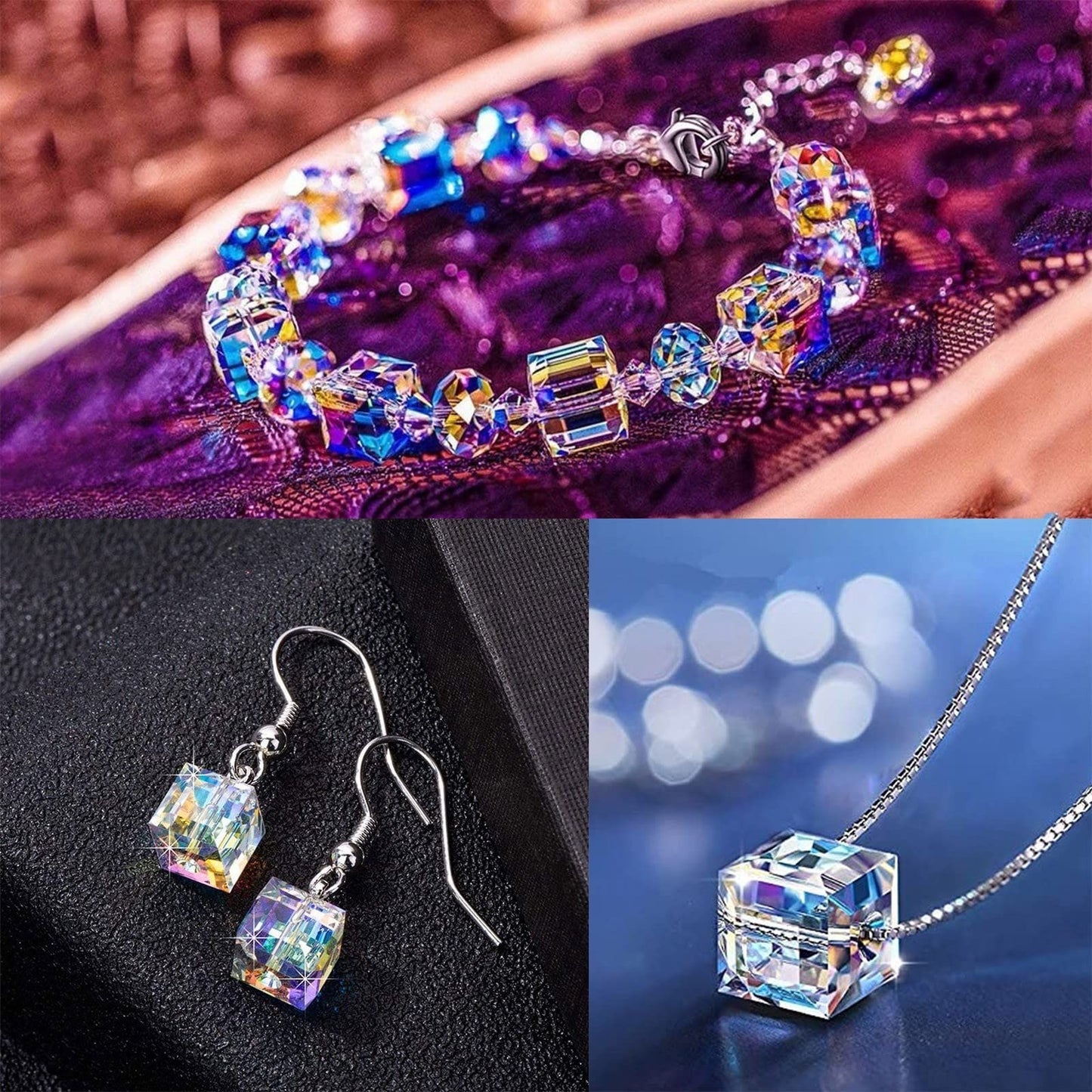 Women's Crystal Bracelet Necklace Earring Set Jewellery Cubed Drop Dangle Hook