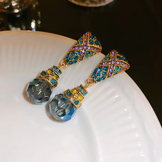 Vintage-Inspired Crystal Drop Earrings Geometric Blue Stone Dangle
