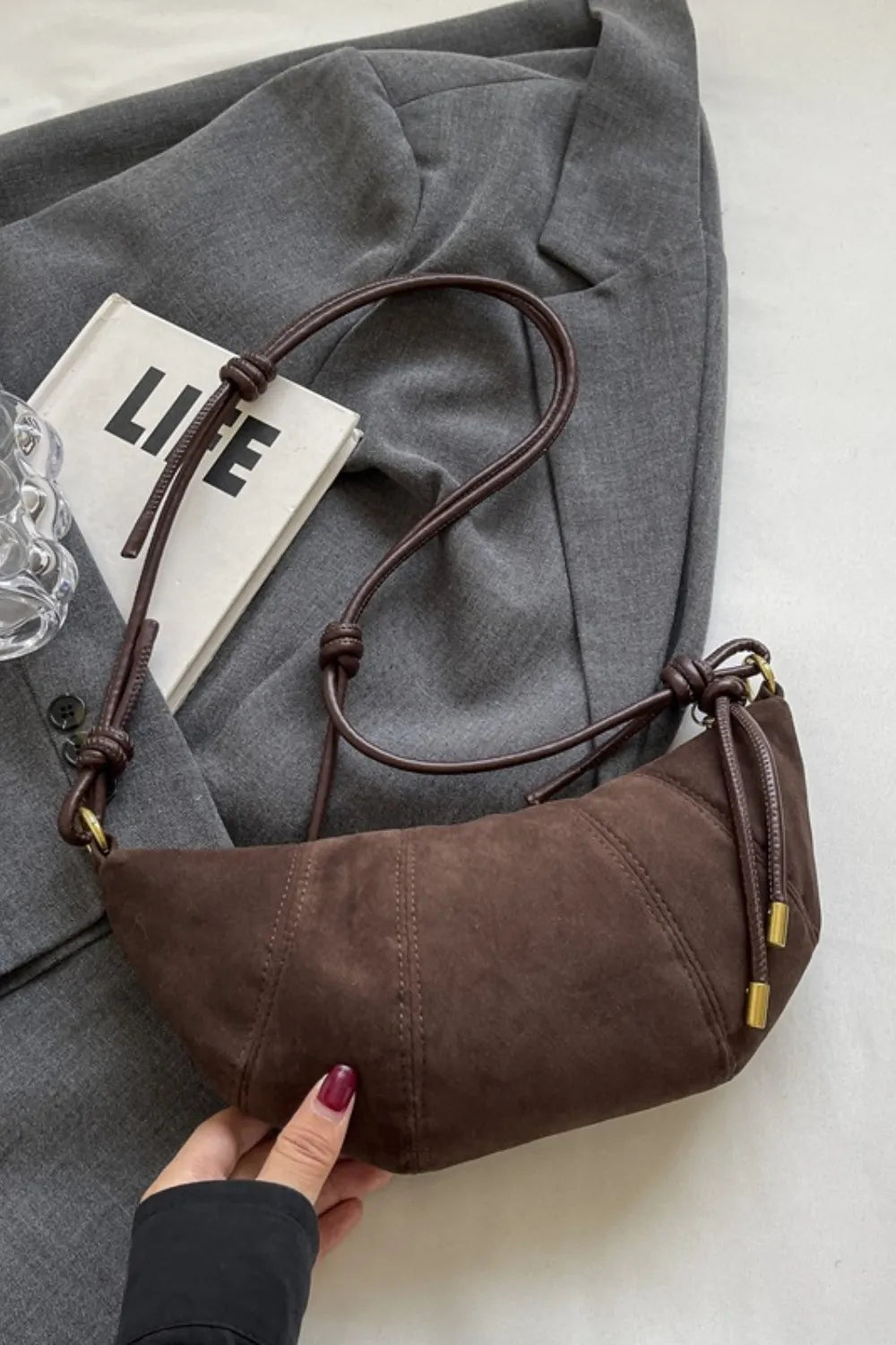 Suede Shoulder Bag Faux Leather Strap Women's Zip Closure Spacious Interior