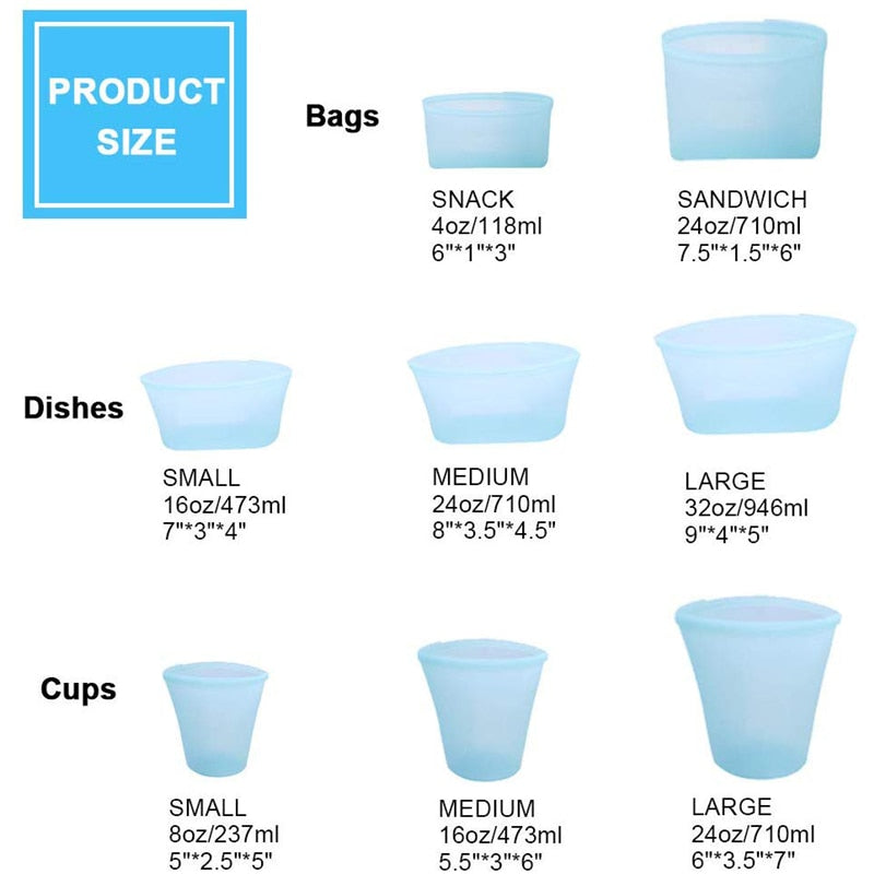 Silicone Reusable Food Storage Containers Set Zip Seal Cups Bowls S M L 8 Pack