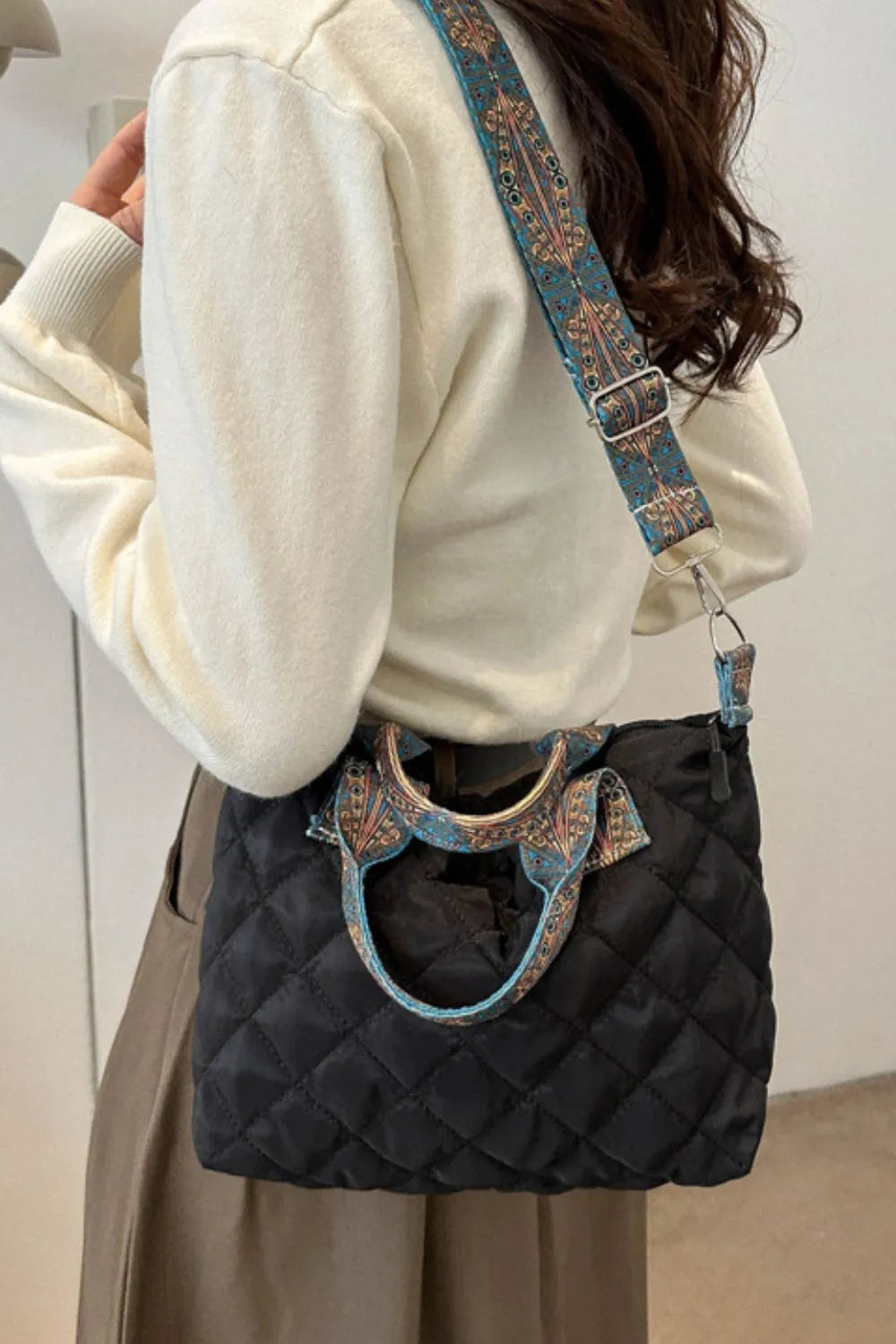 Bubble Quilted Handbag Printed Strap Oxford Cloth Casual Shoulder Bag 34.5cm