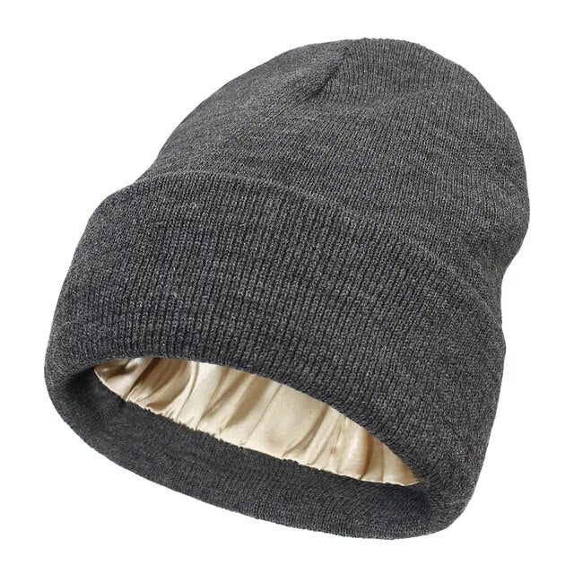 Satin Lined Beanie Hat for Women & Men, Warm Winter Cap, Silk-Lined Knit