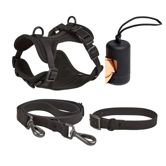 4pc Premium Waterproof PVC Neoprene Pet Harness Leash Collar Bag Dispenser Set