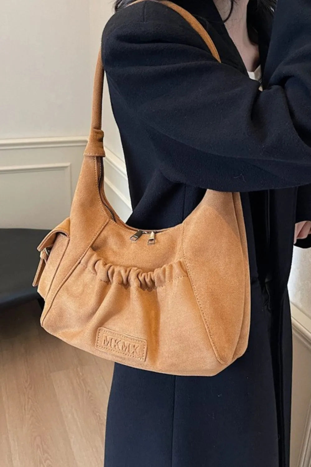 Suede Ruched Handbag Zipper Closure Elegant Evening Purse Spacious Accessory Storage