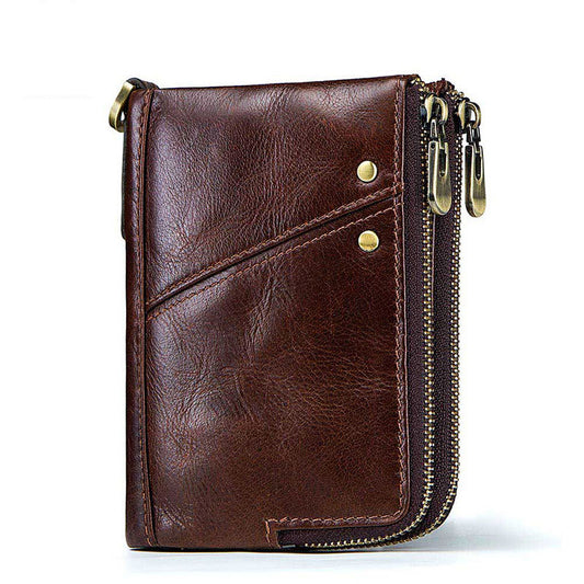 RFID Blocking Genuine Leather Wallet Mens Double Zip Card Holder Purse