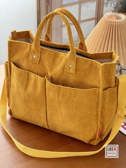 Womens Autumn Winter Corduroy Shoulder Tote Multi-Pocket Durable Spacious Bag