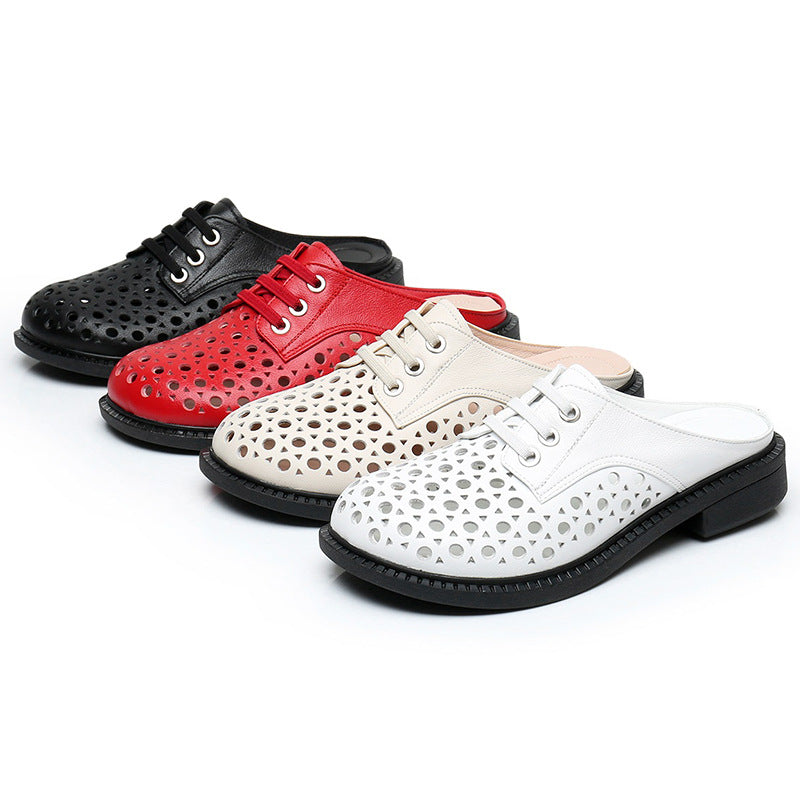 Women’s Leather Hollow-Out Sandals Flat Round Toe Slip-On Mule Shoes Summer