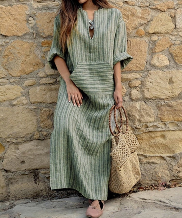 Women's Cotton Linen Blend Striped Maxi Dress Loose Fit Long Sleeve Casual Style