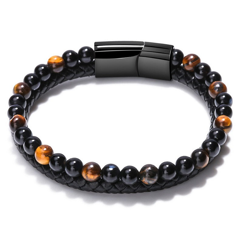 Volcanic Natural Stone Tiger Eye Beaded Bracelet Male Cowhide Rope Agate Handwear