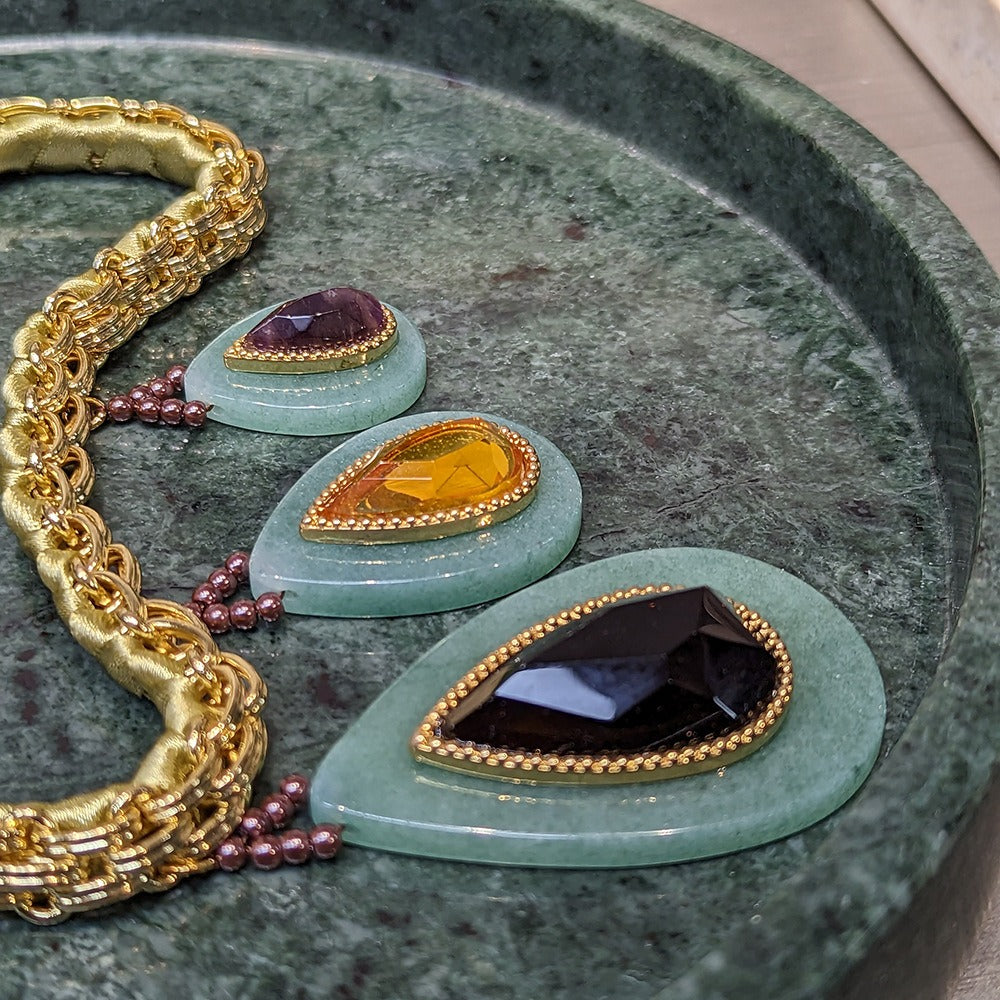Durable Cuban Link Chain Necklace Green Malachite Stone Inlay Jewellery Piece