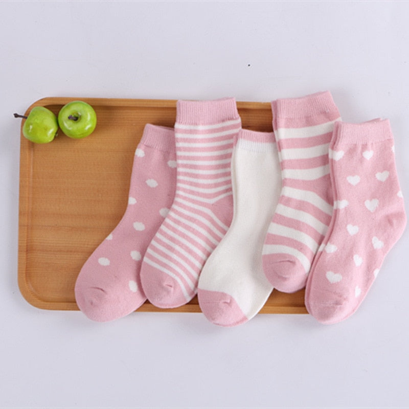 Kids Autumn Winter Cotton Socks 5 Pack Striped Cartoon Soft Warm Cosy Selection