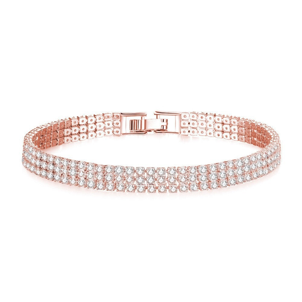 Gold Plated Copper Bracelet Triple Row CZ Crystals 18cm Luxurious Elegant Style