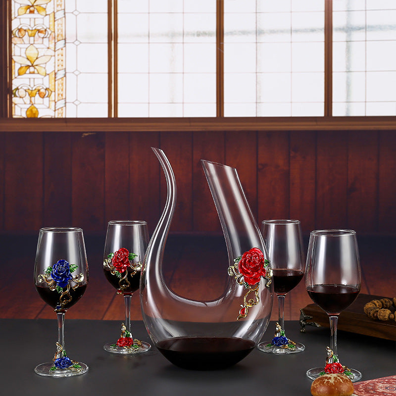 Enamel Crystal Glass Red Wine Goblet Decanter Set Premium Home Bar Essentials