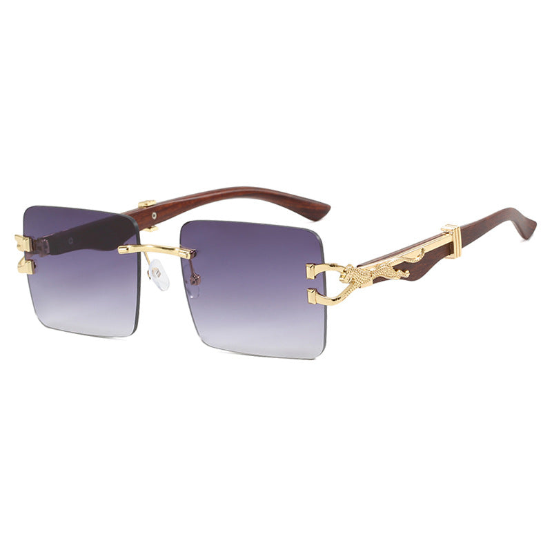 Women's Wooden Frameless Square UV400 Sunglasses Slim Leopard Print Protection