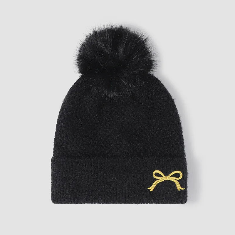 Thermal Knit Hat Pompom Embellishment Winter Accessory Cozy Elegant Headgear