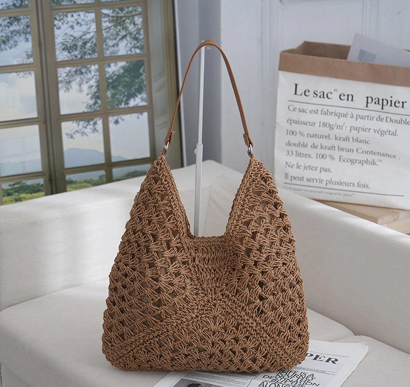Straw Woven Shoulder Bag Armpit Style Hollow Out Single Strap Medium Purse Handbag