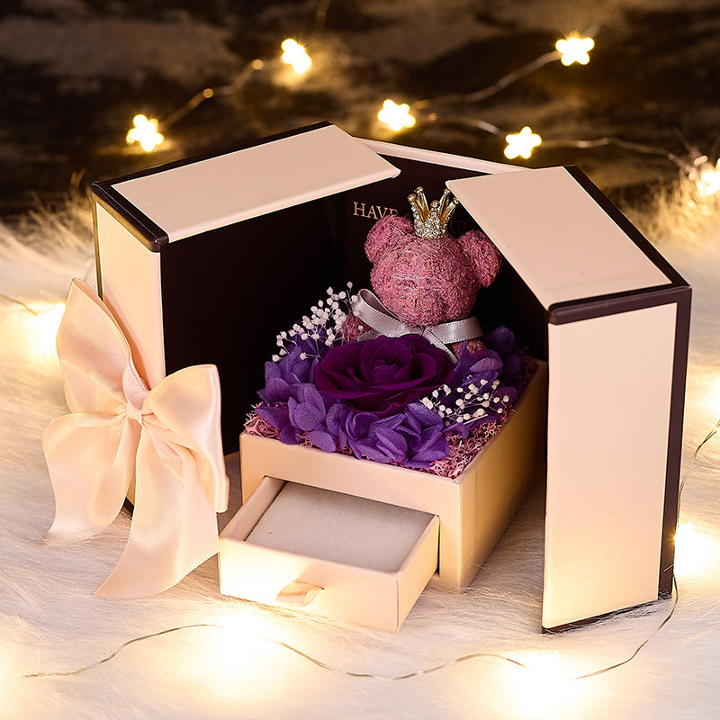 Eternal Rose Bear Double Door Flower Gift Box Luxurious Jewellery Keeper
