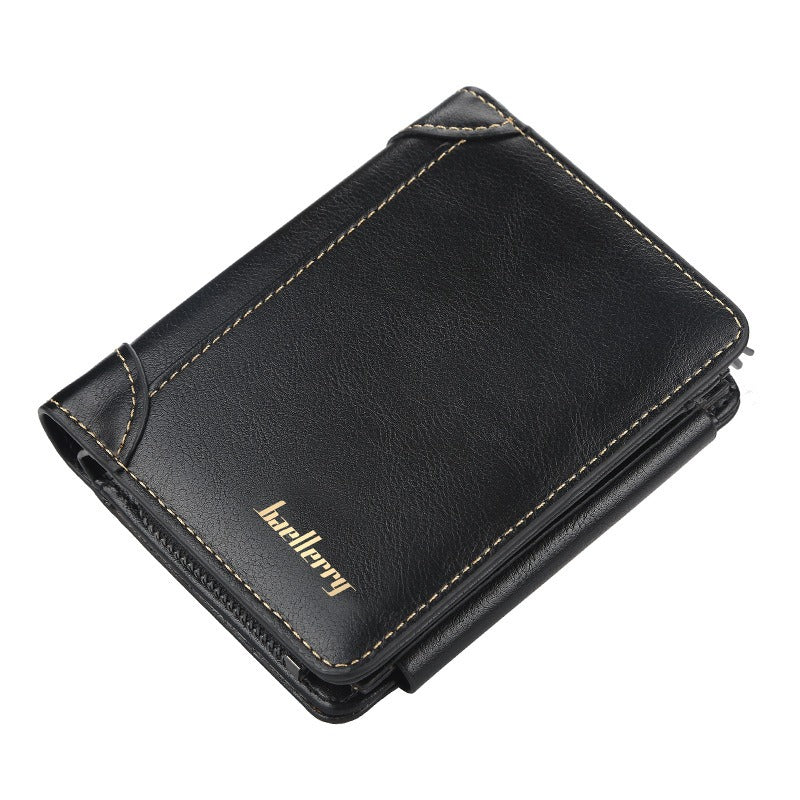 Men's Slim Leather Wallet Three-Fold Multi-Card Secure Zip Pocket RFID Blocking