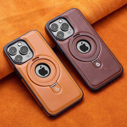 Genuine Leather Case For iPhone 16 15 14 13 12 Pro Max Magnetic Stand Shockproof