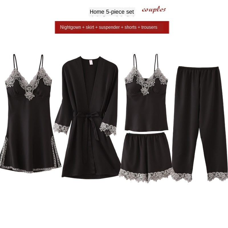 Women's 5-Piece Silk Pajama Set Elegant Lace Trim Sleepwear Nightwear Robe Lounge