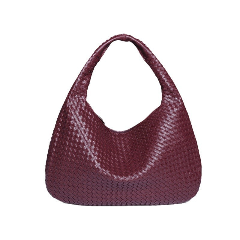 Large Women's Crescent Woven Handbag Zip Closure Daily Use Bag