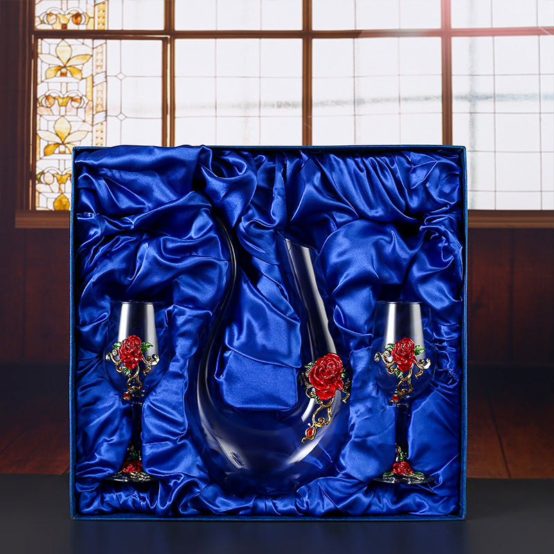 Enamel Crystal Glass Red Wine Goblet Decanter Set Premium Home Bar Essentials