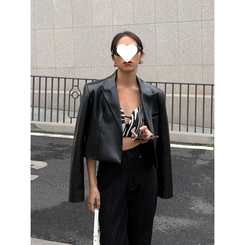 Women's Black Cropped Leather Jacket Long Sleeve Urban Style Fashion Trend