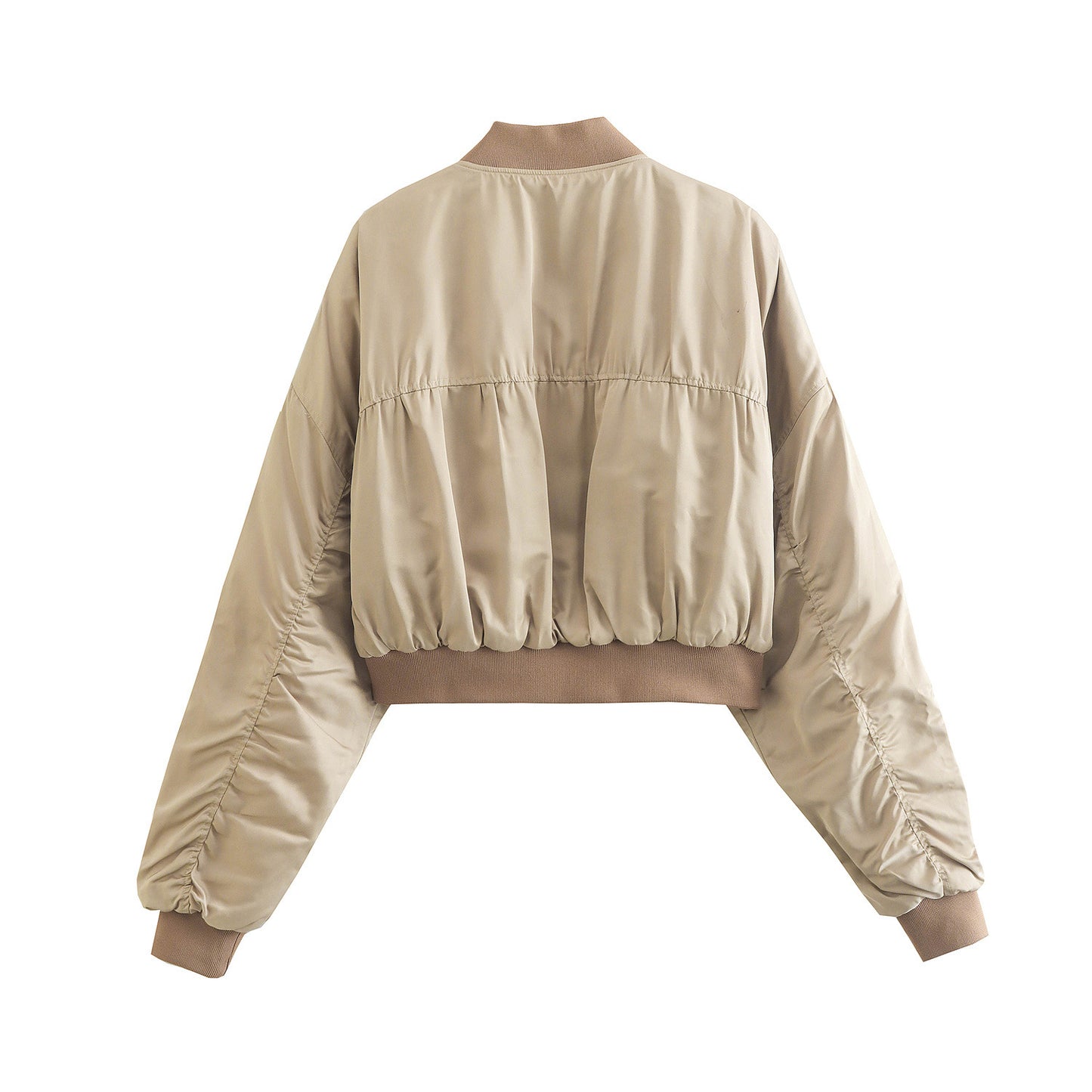 Women’s Short Silk Texture Jacket Khaki Zip Bomber Slim Fit Coat Casual