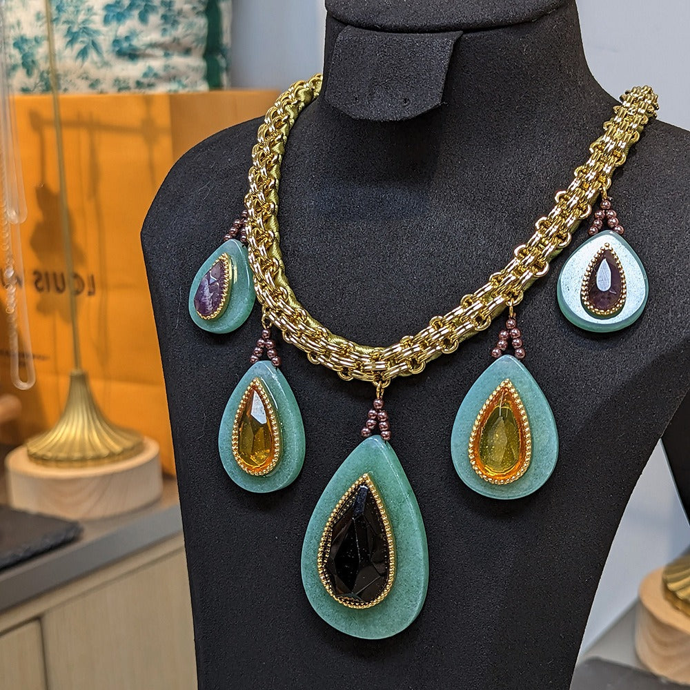 Durable Cuban Link Chain Necklace Green Malachite Stone Inlay Jewellery Piece