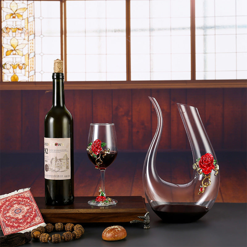 Enamel Crystal Glass Red Wine Goblet Decanter Set Premium Home Bar Essentials