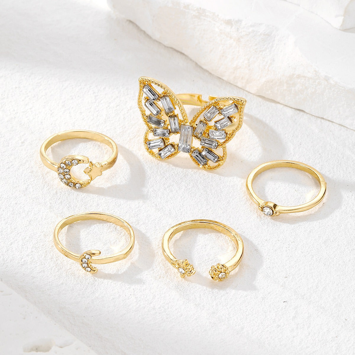 Women’s Gold Tone Midi Ring Set Butterfly Star Moon Jewelry Adjustable Rings