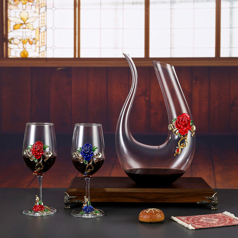 Enamel Crystal Glass Red Wine Goblet Decanter Set Premium Home Bar Essentials