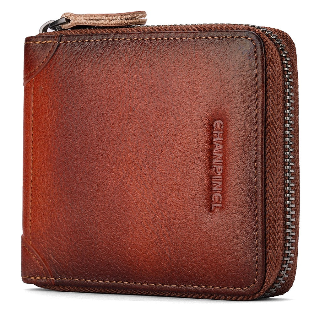 Men's Genuine Leather Zip Wallet Multi-Function Horizontal Style RFID Blocking