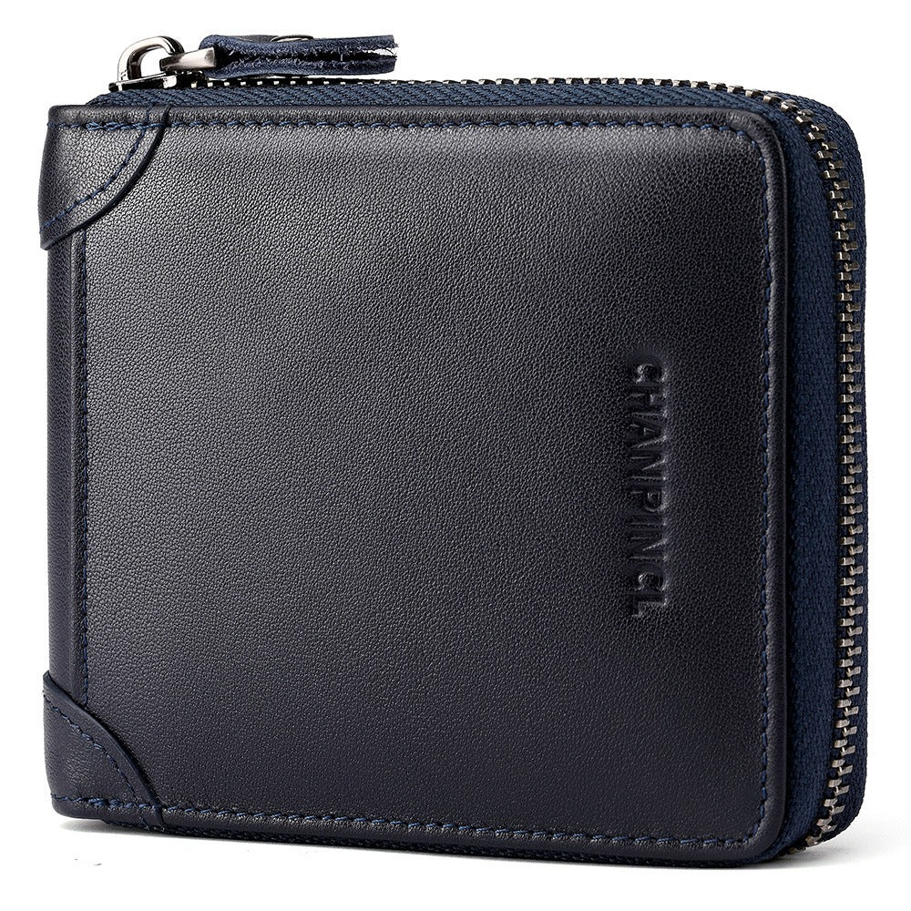 Men's Genuine Leather Zip Wallet Multi-Function Horizontal Style RFID Blocking
