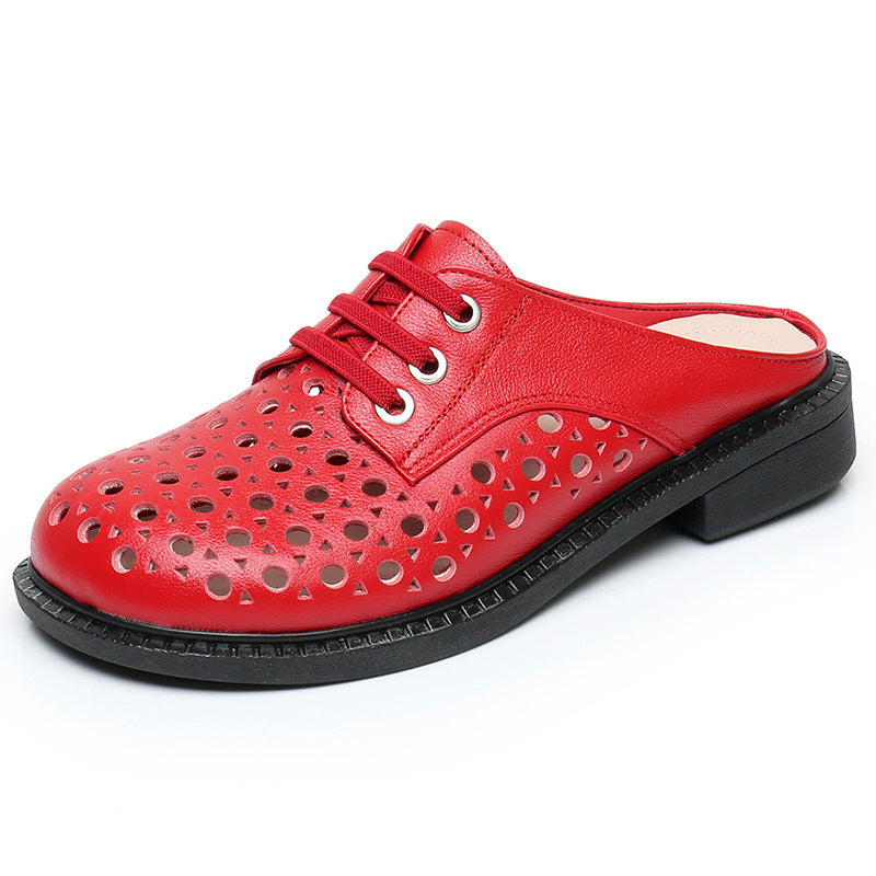 Women’s Leather Hollow-Out Sandals Flat Round Toe Slip-On Mule Shoes Summer