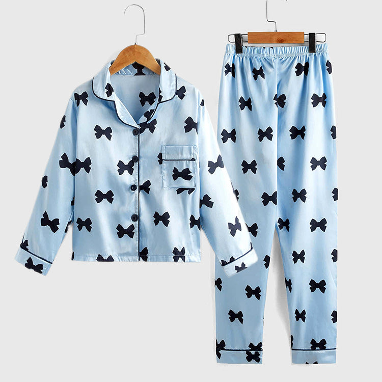 Children's Girls Satin Pyjama Set - Bow Print, 4 Colours, Ages 8-16, Luxury Nightwear
