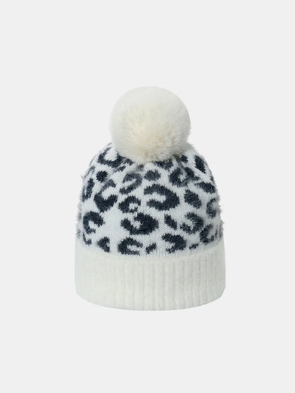 Leopard Print Acrylic Knit Winter Hat with Soft Pompom Stylish Essential Cap