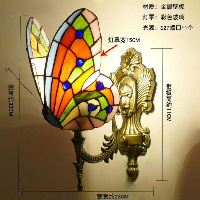 Home Butterfly LED Wall Lamp Stained Glass European Countryside Style Lighting